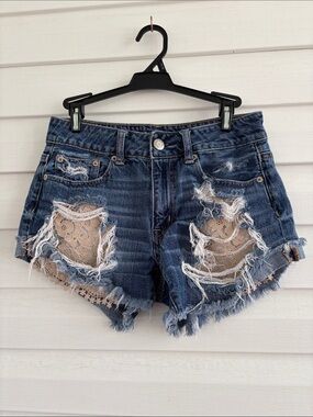 American Eagle Hi Rise Festival Shorts Size 2 Distressed Lace Denim Cutoffs Boho